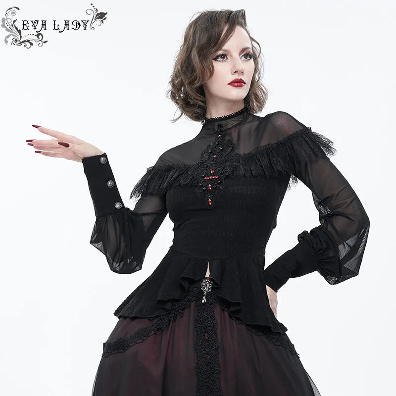 ETT025 mesh horizontal neck sheer lace lantern sleeve gothic women top with red diamond
