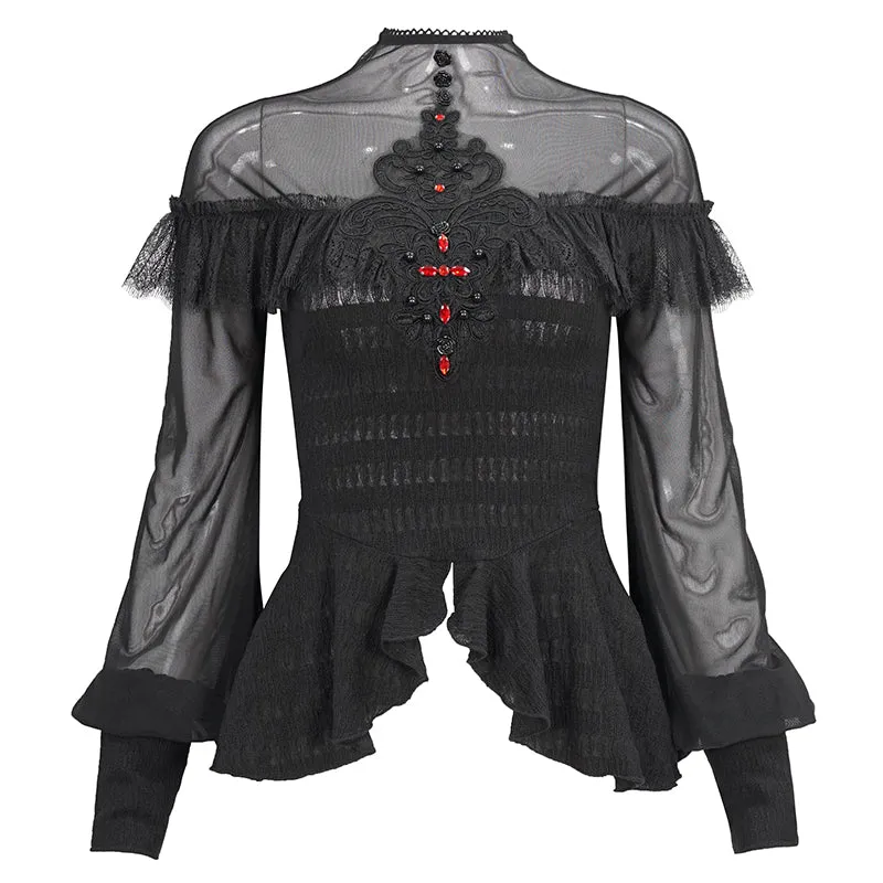 ETT025 mesh horizontal neck sheer lace lantern sleeve gothic women top with red diamond