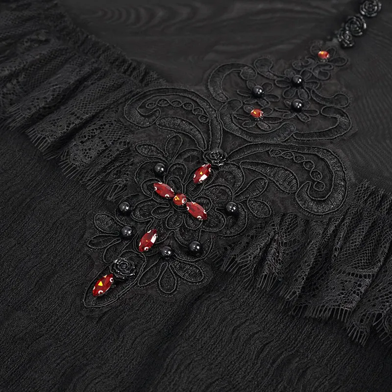 ETT025 mesh horizontal neck sheer lace lantern sleeve gothic women top with red diamond