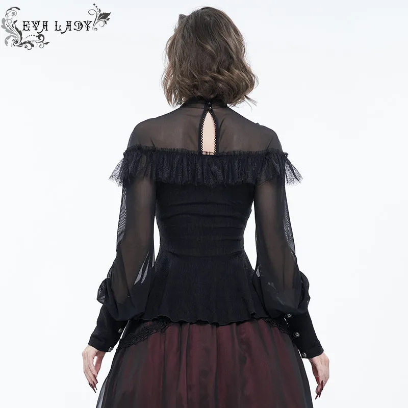 ETT025 mesh horizontal neck sheer lace lantern sleeve gothic women top with red diamond