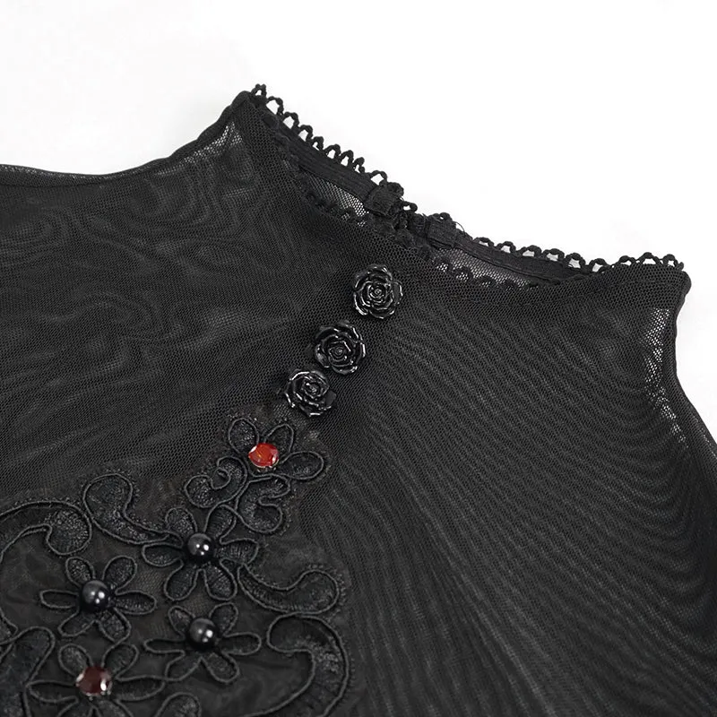 ETT025 mesh horizontal neck sheer lace lantern sleeve gothic women top with red diamond