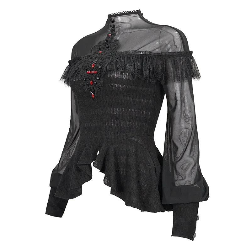 ETT025 mesh horizontal neck sheer lace lantern sleeve gothic women top with red diamond