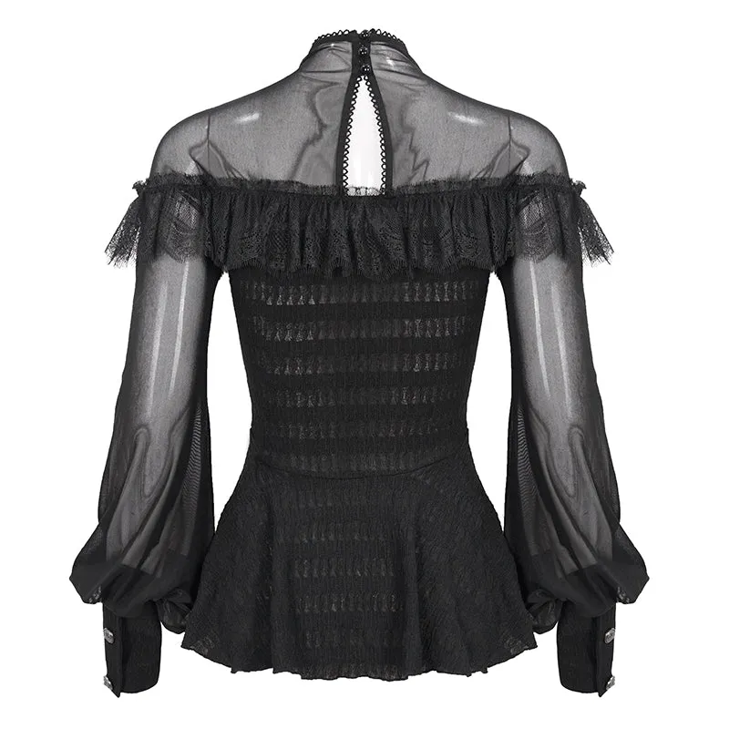 ETT025 mesh horizontal neck sheer lace lantern sleeve gothic women top with red diamond