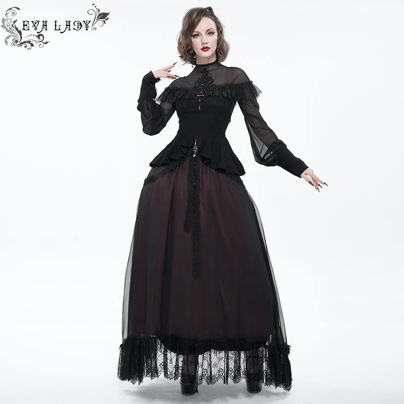 ETT025 mesh horizontal neck sheer lace lantern sleeve gothic women top with red diamond
