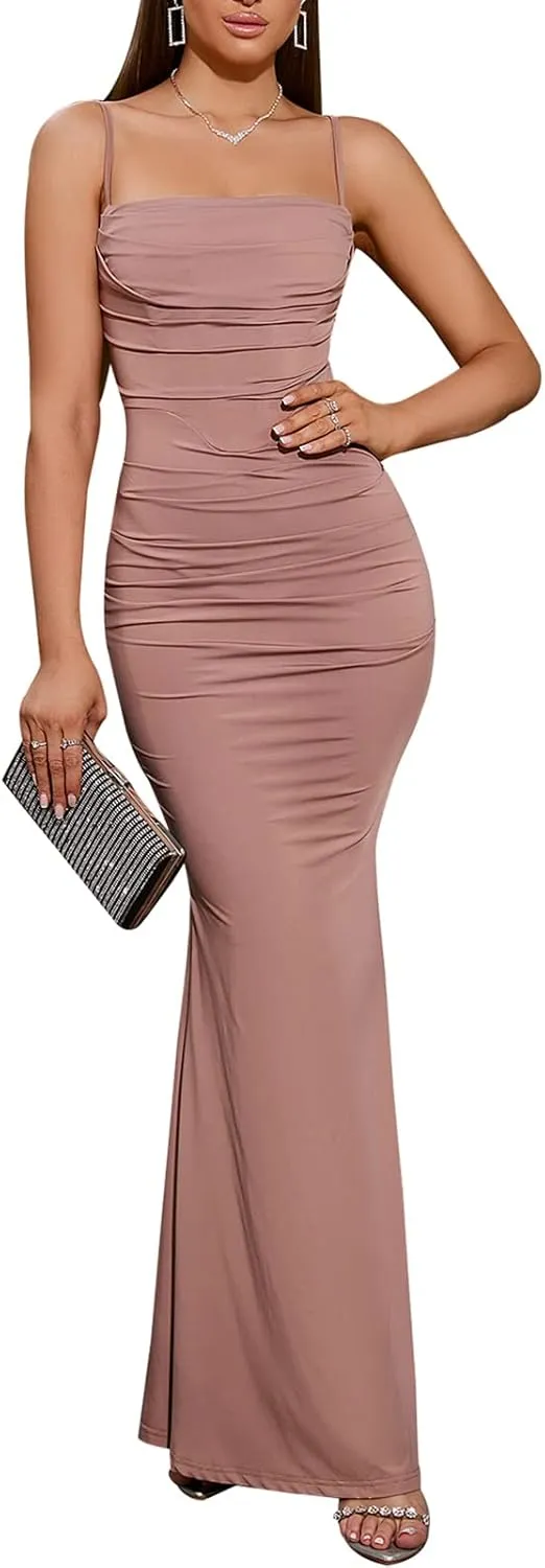 EYNMIN Women's Sleeveless Bodycon Corset Maxi Dress Spaghetti Strap Ruched Elegant Evening Wedding Guest Long Formal Dresses