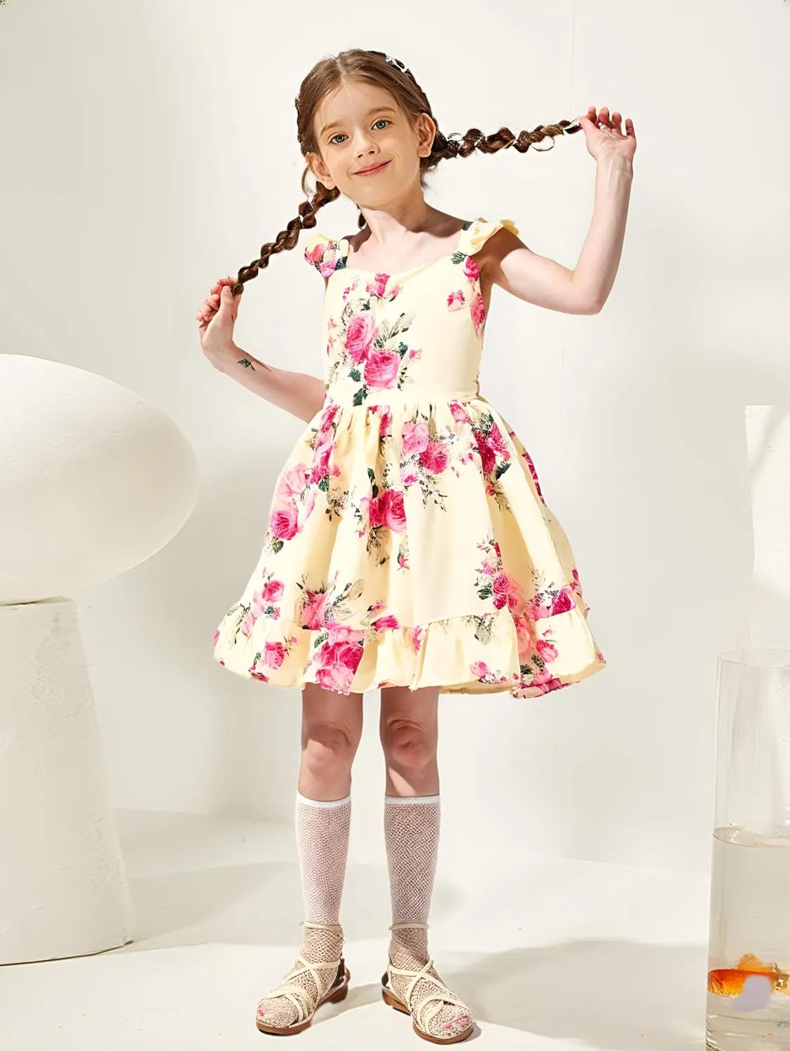 Flofallzique Summer Girls Floral Dress Ruffle Sleeve Tie Back Vintage Toddler Birthday Tea Party Dresses