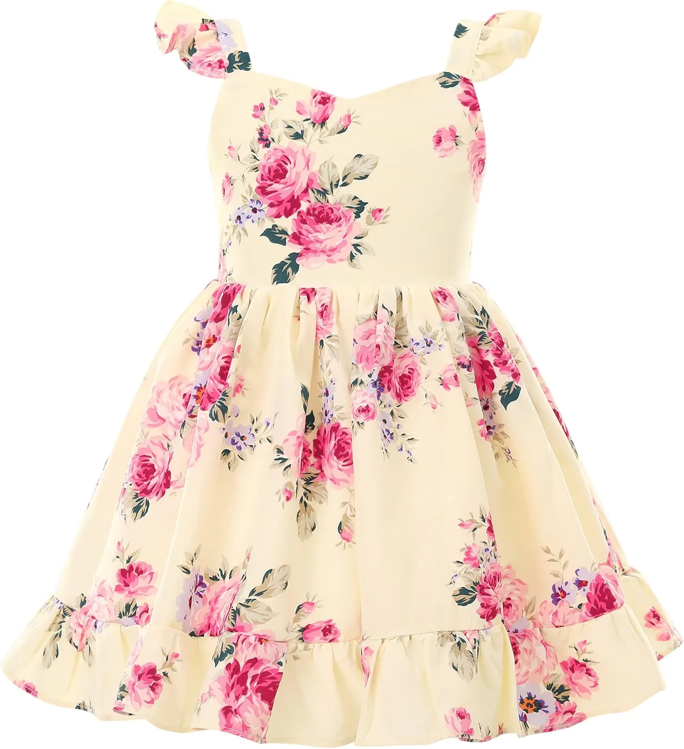 Flofallzique Summer Girls Floral Dress Ruffle Sleeve Tie Back Vintage Toddler Birthday Tea Party Dresses