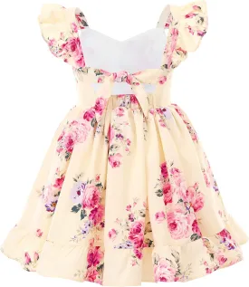 Flofallzique Summer Girls Floral Dress Ruffle Sleeve Tie Back Vintage Toddler Birthday Tea Party Dresses