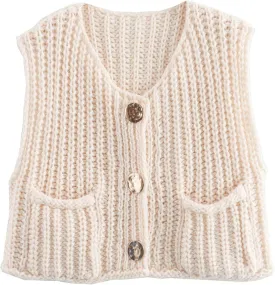 Flygo Womens Sleeveless Sweater Vest 2025 Spring Summer Crop Knit Top Chunky Crochet Button Cardigan Sweaters