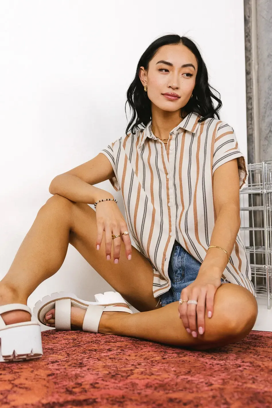 Gabby Striped Button Up in Tan - FINAL SALE
