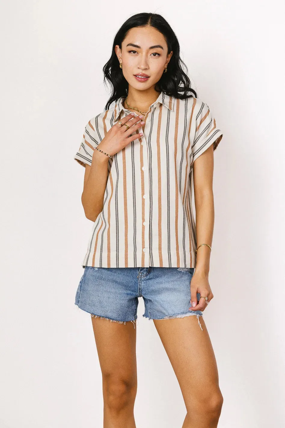 Gabby Striped Button Up in Tan - FINAL SALE