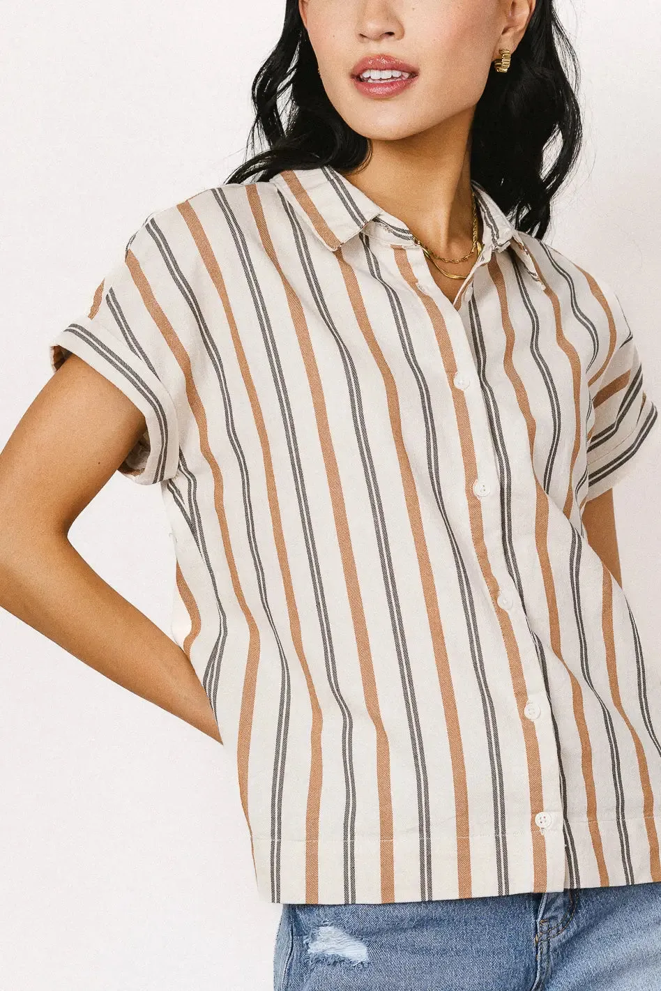 Gabby Striped Button Up in Tan - FINAL SALE