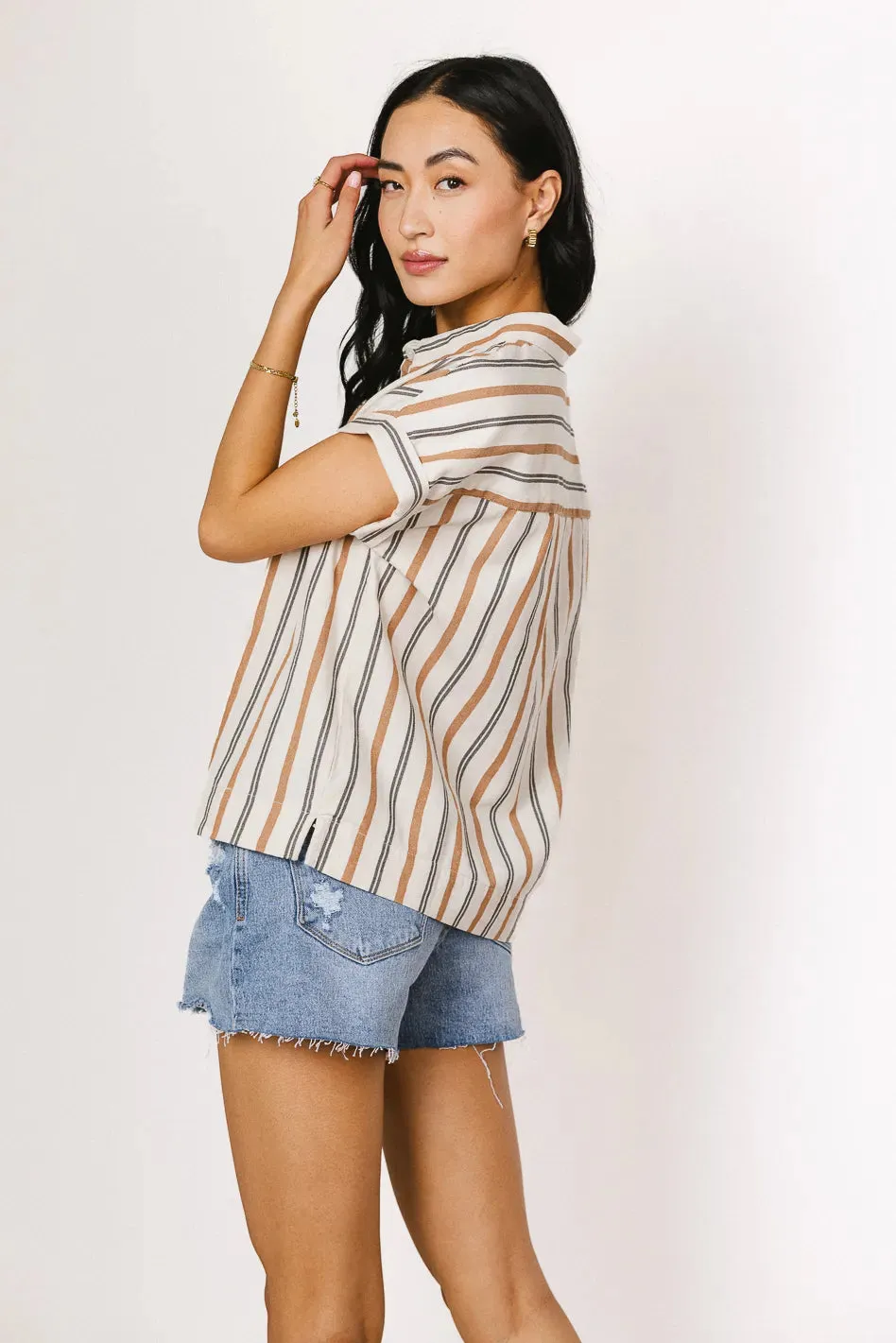Gabby Striped Button Up in Tan - FINAL SALE