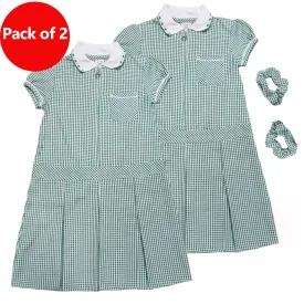 Girls Checked Green School Uniform Pleated Gingham Summer Dress Hair Bobble 6-11 Years