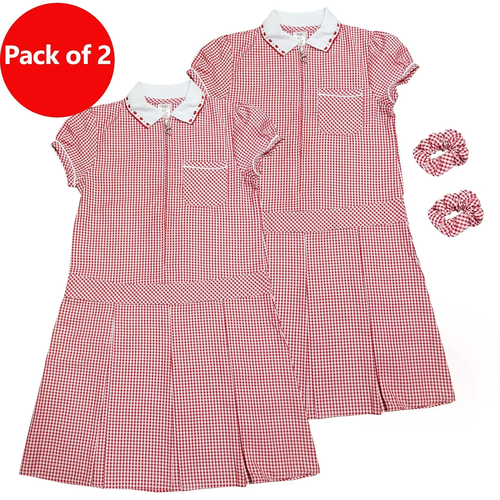 Girls Checked Red School Uniform Pleated Gingham Summer Dress Hair Bobble 4-11 Years