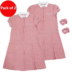 Girls Checked Red School Uniform Pleated Gingham Summer Dress Hair Bobble 4-11 Years