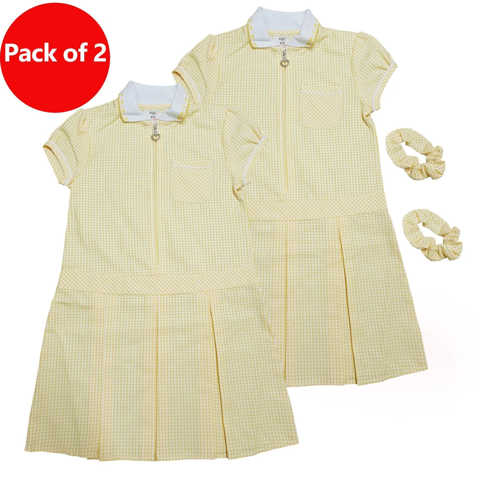 Girls Checked Yellow School Uniform Pleated Gingham Summer Dress Hair Bobble 5-6 Years