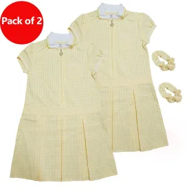Girls Checked Yellow School Uniform Pleated Gingham Summer Dress Hair Bobble 5-6 Years