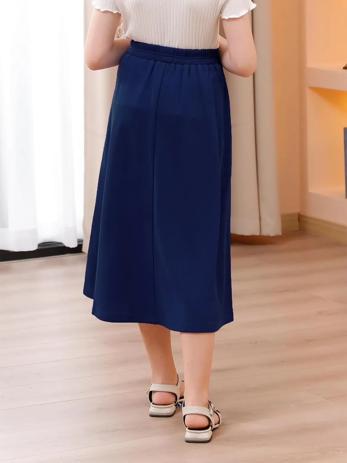 GORLYA Girls A-Line Bow Knot Elastic High Waist Swing Maxi Skirt with Pockets for 4-14T