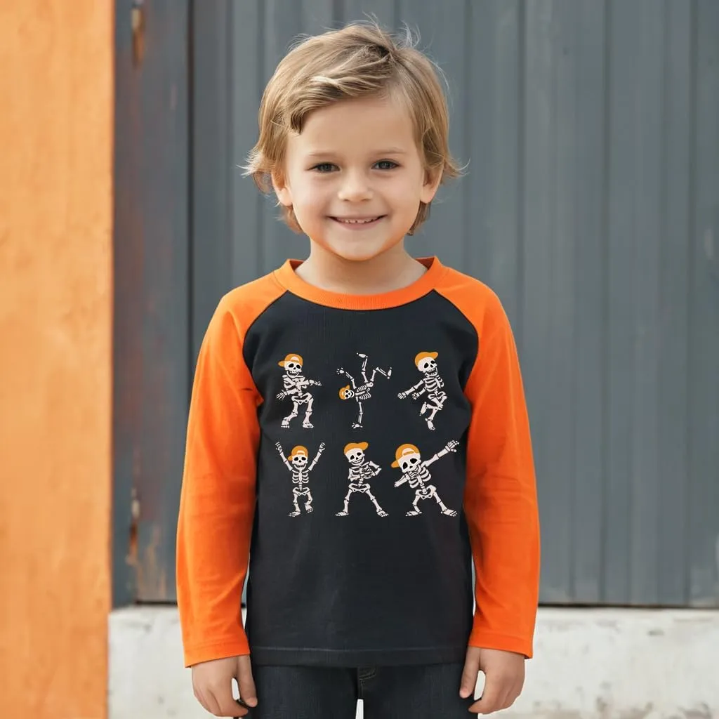 Halloween Shirts for Kids Long Sleeve Dancing Skeleton Graphic Tees Raglan Sleeve Trucks T-Shirt 2-7 Years