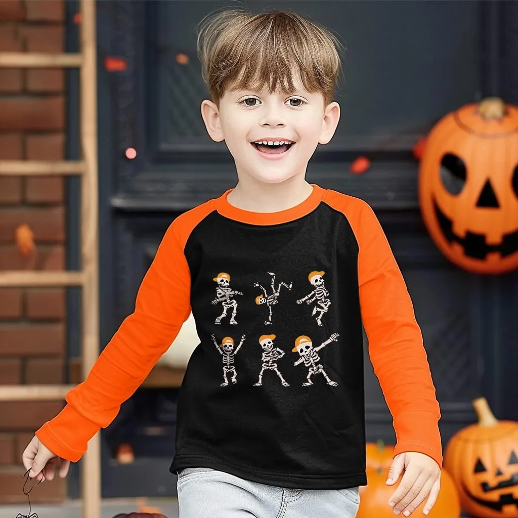 Halloween Shirts for Kids Long Sleeve Dancing Skeleton Graphic Tees Raglan Sleeve Trucks T-Shirt 2-7 Years