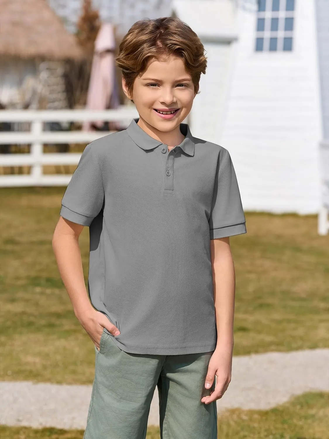 Haloumoning Boys Short Sleeve Pique Polo Shirt School Uniform Shirts for Kids 5-14 Years