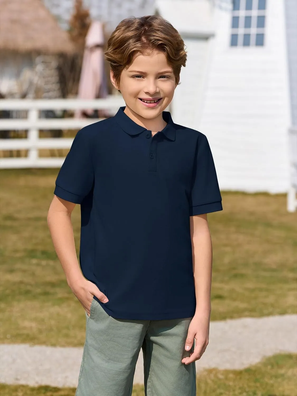 Haloumoning Boys Short Sleeve Pique Polo Shirt School Uniform Shirts for Kids 5-14 Years