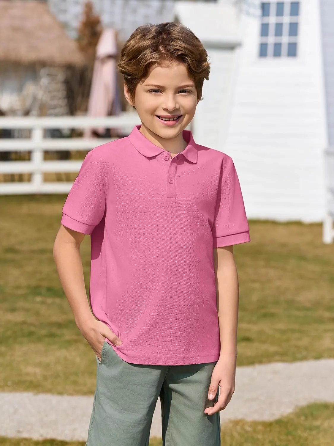 Haloumoning Boys Short Sleeve Pique Polo Shirt School Uniform Shirts for Kids 5-14 Years