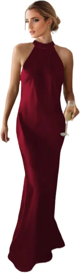 Halter Bow Tie Back Evening Gown for Women Halterneck Sleeveless Dresses