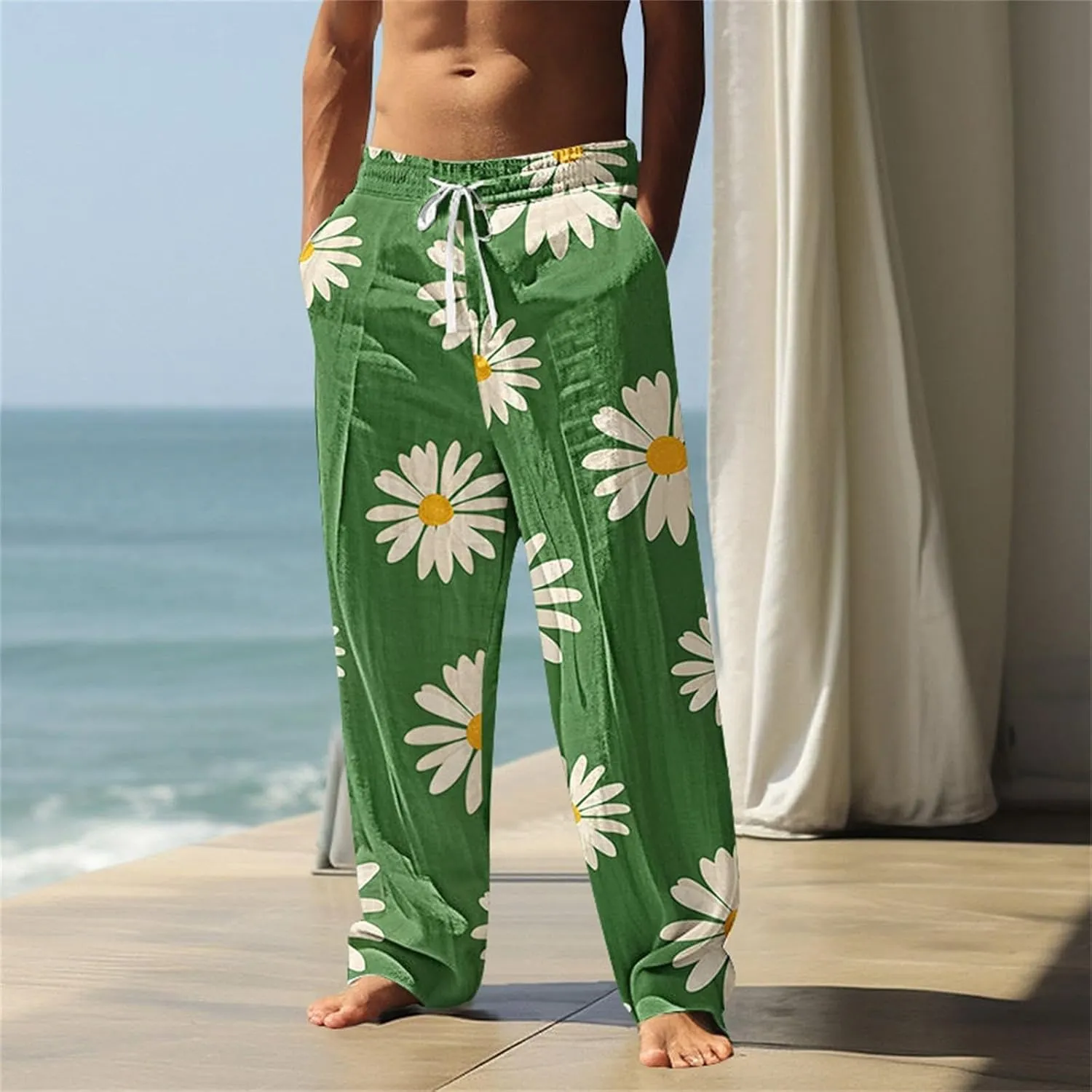 Hawaiian Ocean Wave Sweatpants for Men Lightweight Beachwear Lounge Pants Comfy Relaxed Fit Tropical Vacation Pants