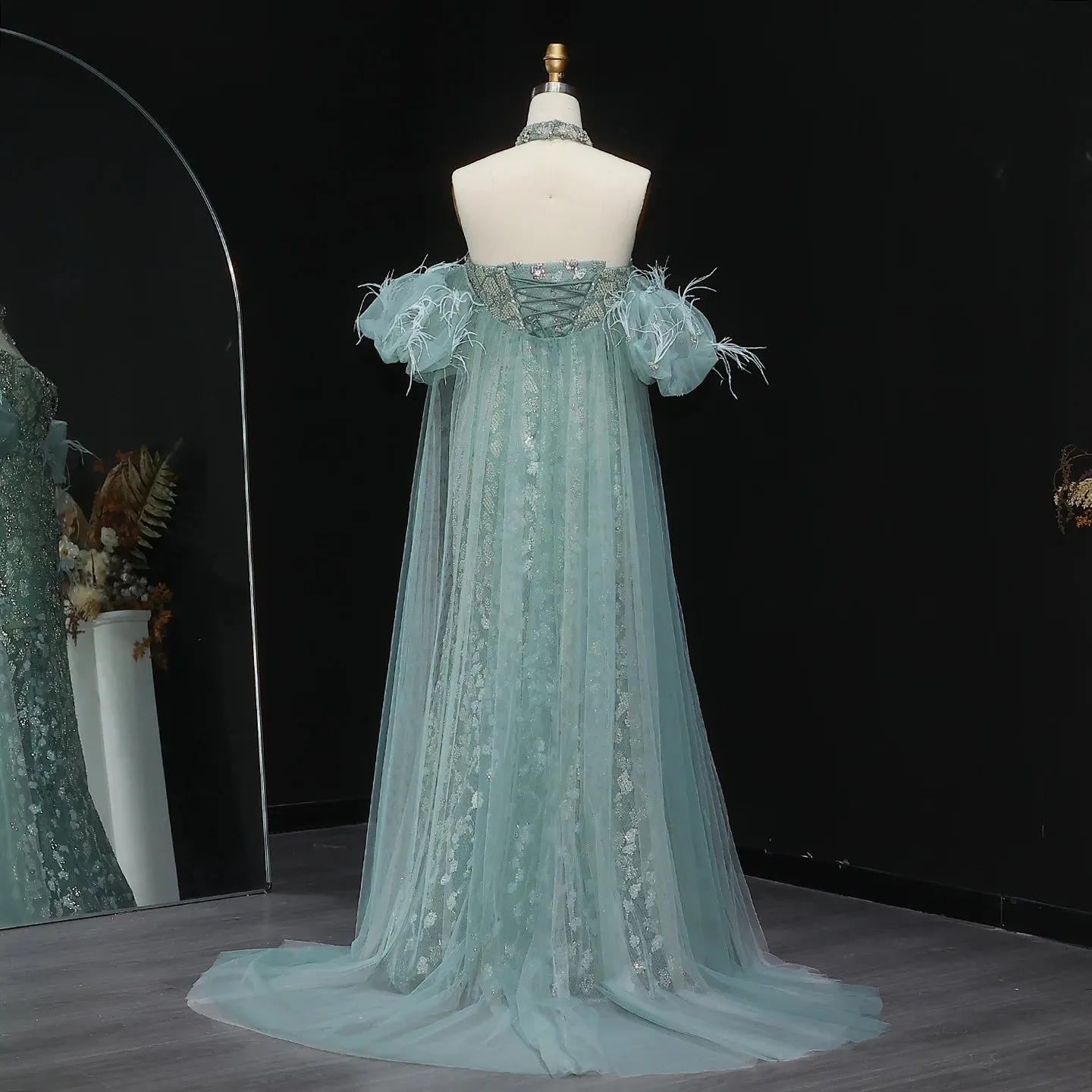HELEN Luxury Aqua Green Evening Gown with Feathered Cape Sleeves