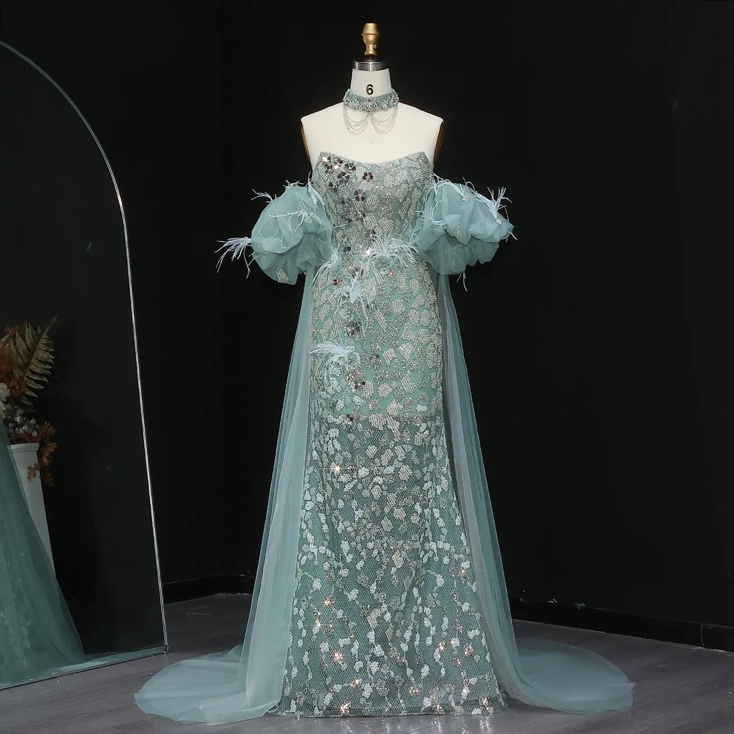 HELEN Luxury Aqua Green Evening Gown with Feathered Cape Sleeves