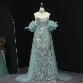 HELEN Luxury Aqua Green Evening Gown with Feathered Cape Sleeves