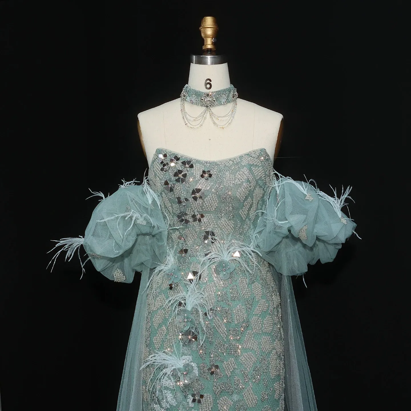 HELEN Luxury Aqua Green Evening Gown with Feathered Cape Sleeves