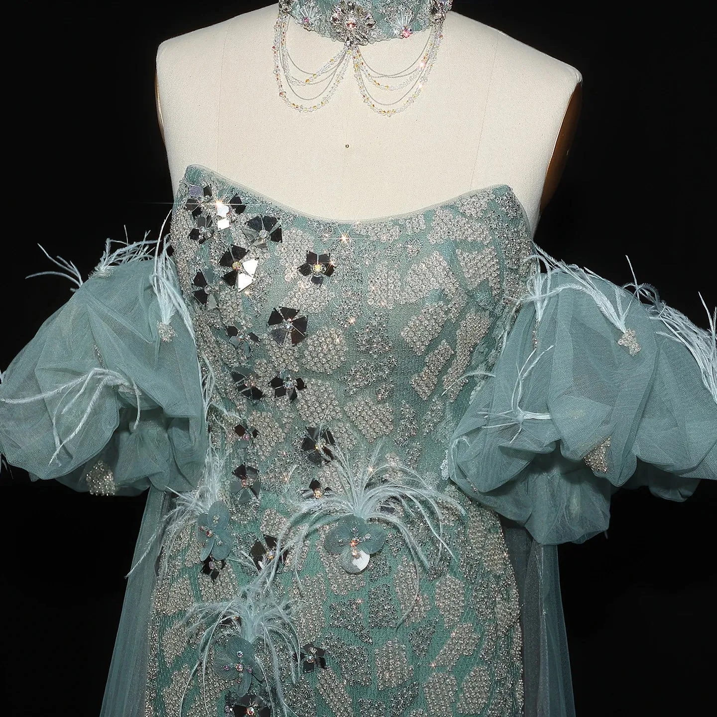 HELEN Luxury Aqua Green Evening Gown with Feathered Cape Sleeves