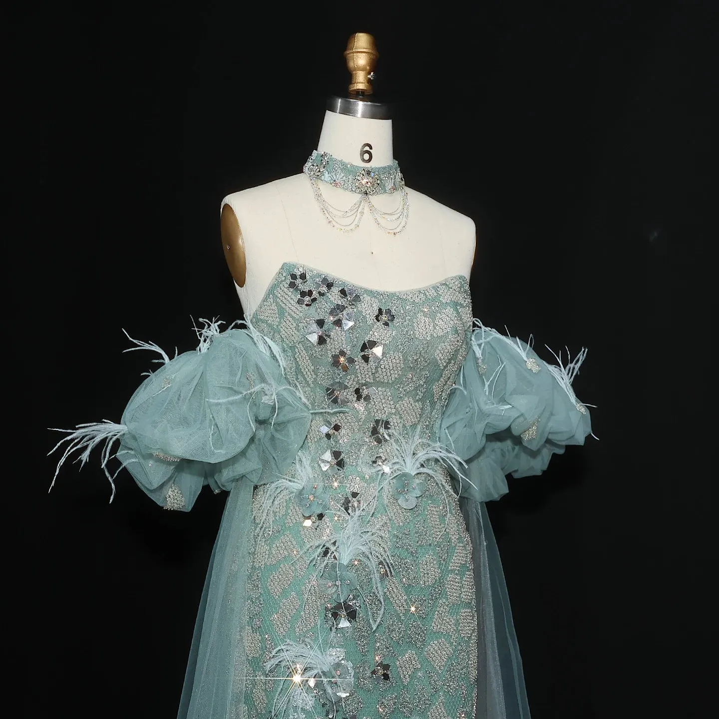 HELEN Luxury Aqua Green Evening Gown with Feathered Cape Sleeves