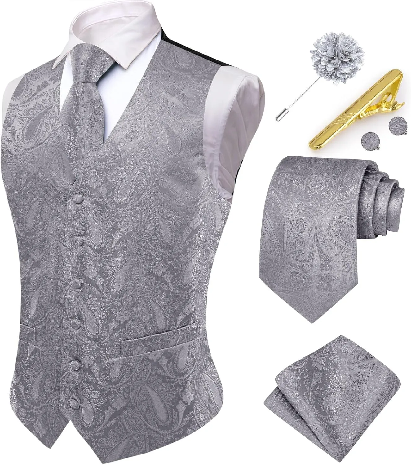 Hi-Tie Men's Suit Vest and Tie Set Formal Waistcoat V-Neck Paisley Vest and Tie Pocket Square Cufflinks Set for Wedding