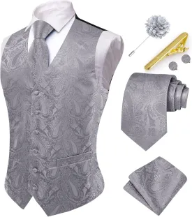 Hi-Tie Men's Suit Vest and Tie Set Formal Waistcoat V-Neck Paisley Vest and Tie Pocket Square Cufflinks Set for Wedding