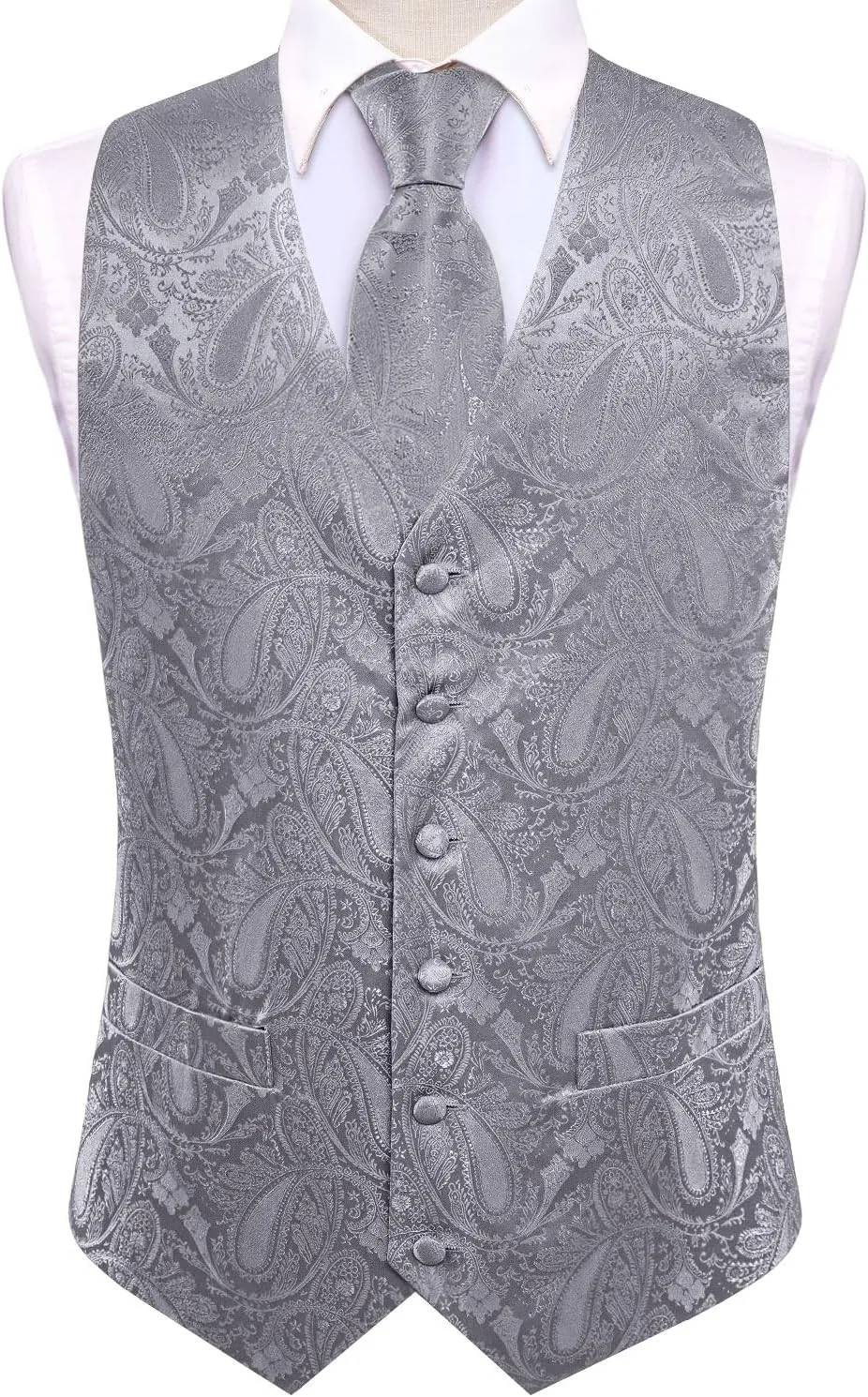 Hi-Tie Men's Suit Vest and Tie Set Formal Waistcoat V-Neck Paisley Vest and Tie Pocket Square Cufflinks Set for Wedding