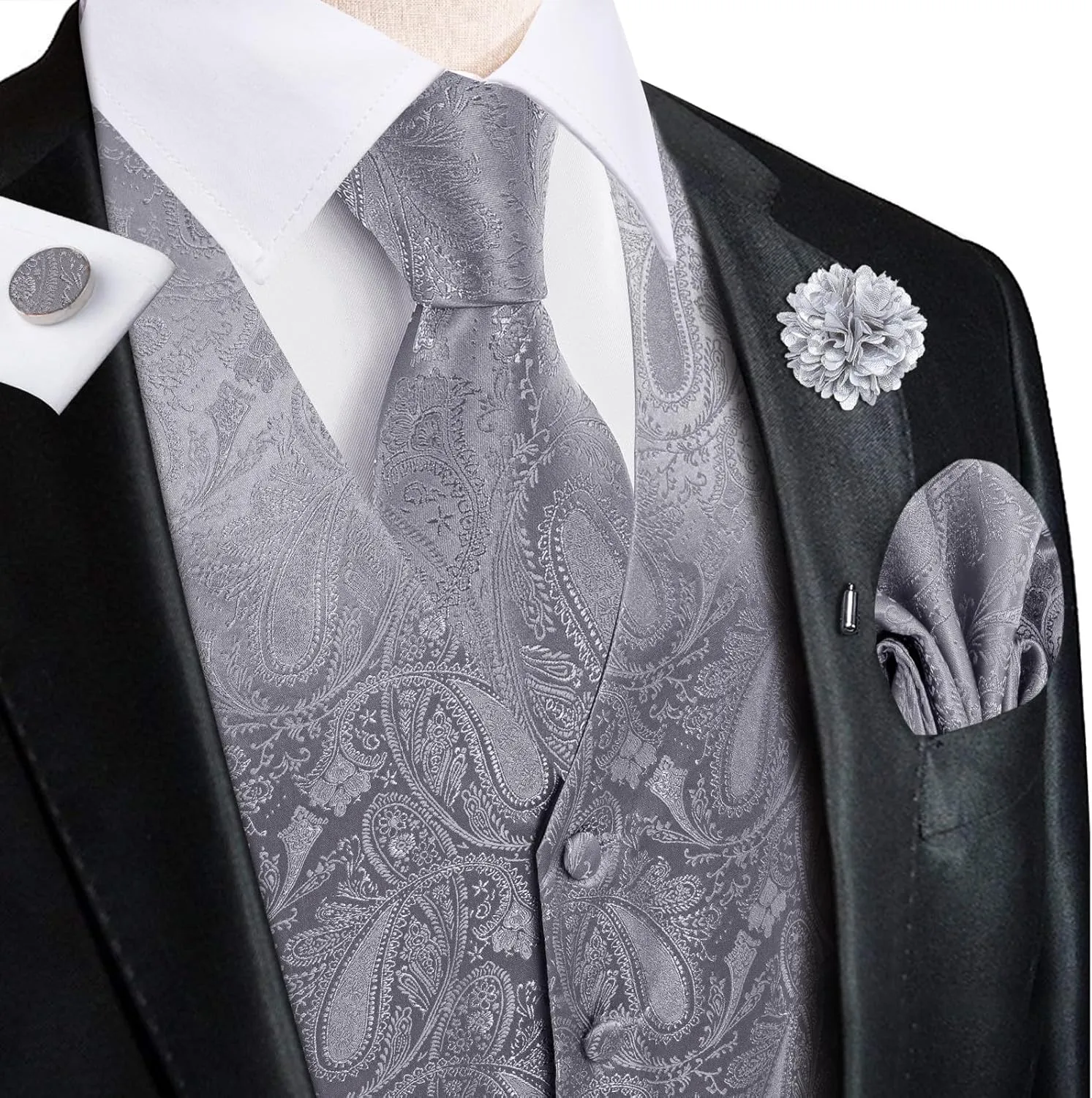 Hi-Tie Men's Suit Vest and Tie Set Formal Waistcoat V-Neck Paisley Vest and Tie Pocket Square Cufflinks Set for Wedding