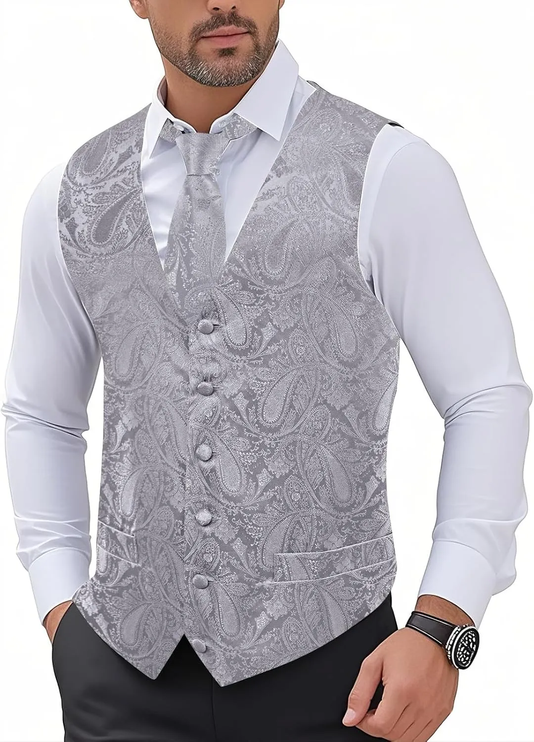 Hi-Tie Men's Suit Vest and Tie Set Formal Waistcoat V-Neck Paisley Vest and Tie Pocket Square Cufflinks Set for Wedding