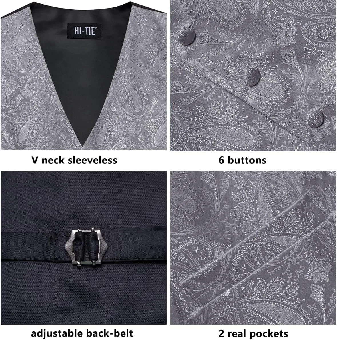 Hi-Tie Men's Suit Vest and Tie Set Formal Waistcoat V-Neck Paisley Vest and Tie Pocket Square Cufflinks Set for Wedding