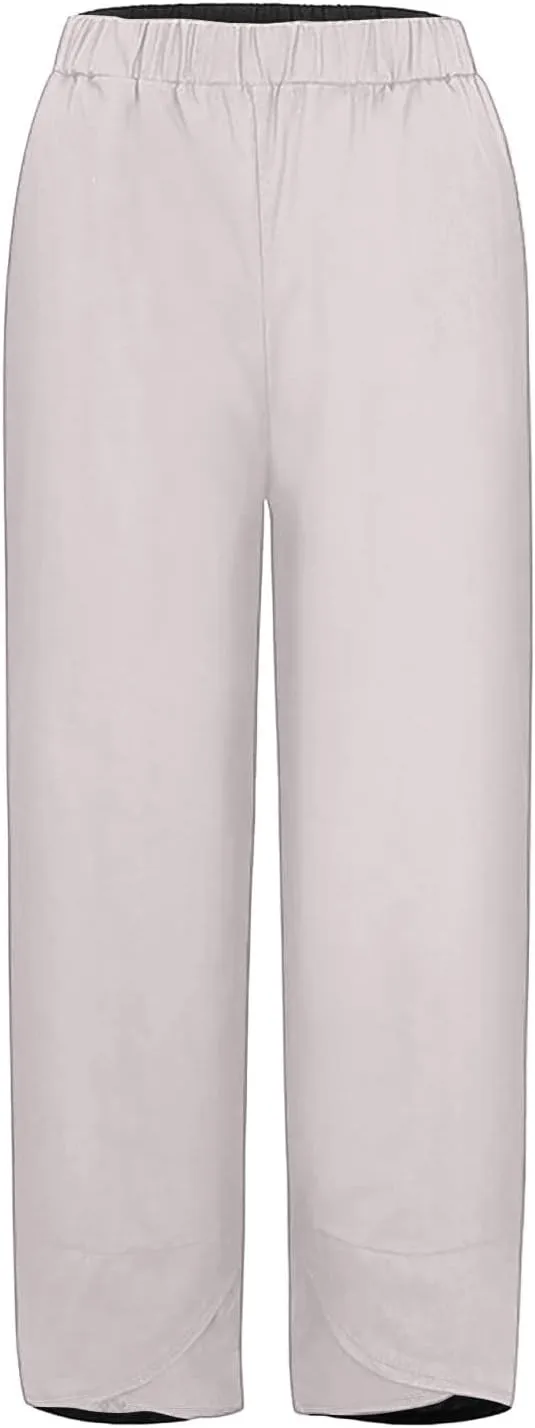 Hiking Pants Women 2025 Summer Cotton Linen Elastic Wiast Palazzo Trousers Stretch Loose Work Casual Pant with Pocket