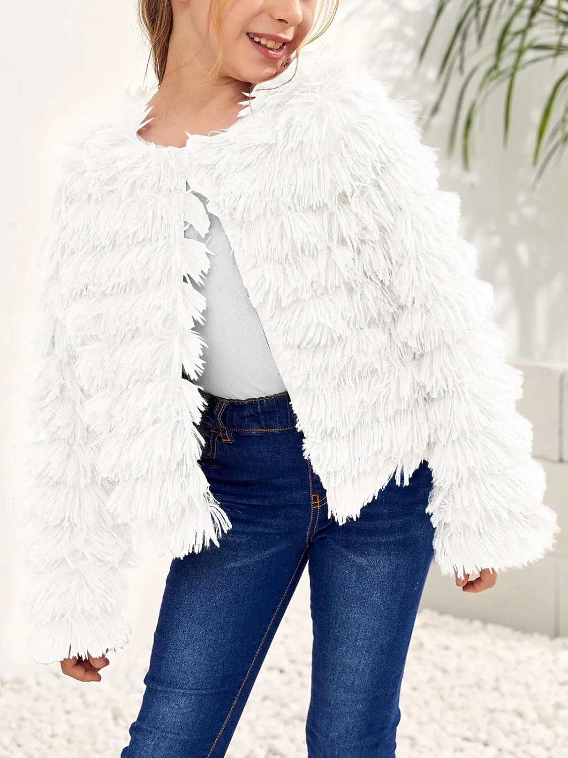 Inorin Girls Open Front Cardigan Faux Fur Coat Warm Fuzzy Trendy Winter Vintage Parka Shaggy Party Outerwear Jackets Tops