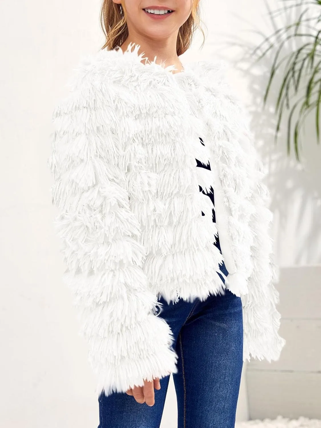 Inorin Girls Open Front Cardigan Faux Fur Coat Warm Fuzzy Trendy Winter Vintage Parka Shaggy Party Outerwear Jackets Tops