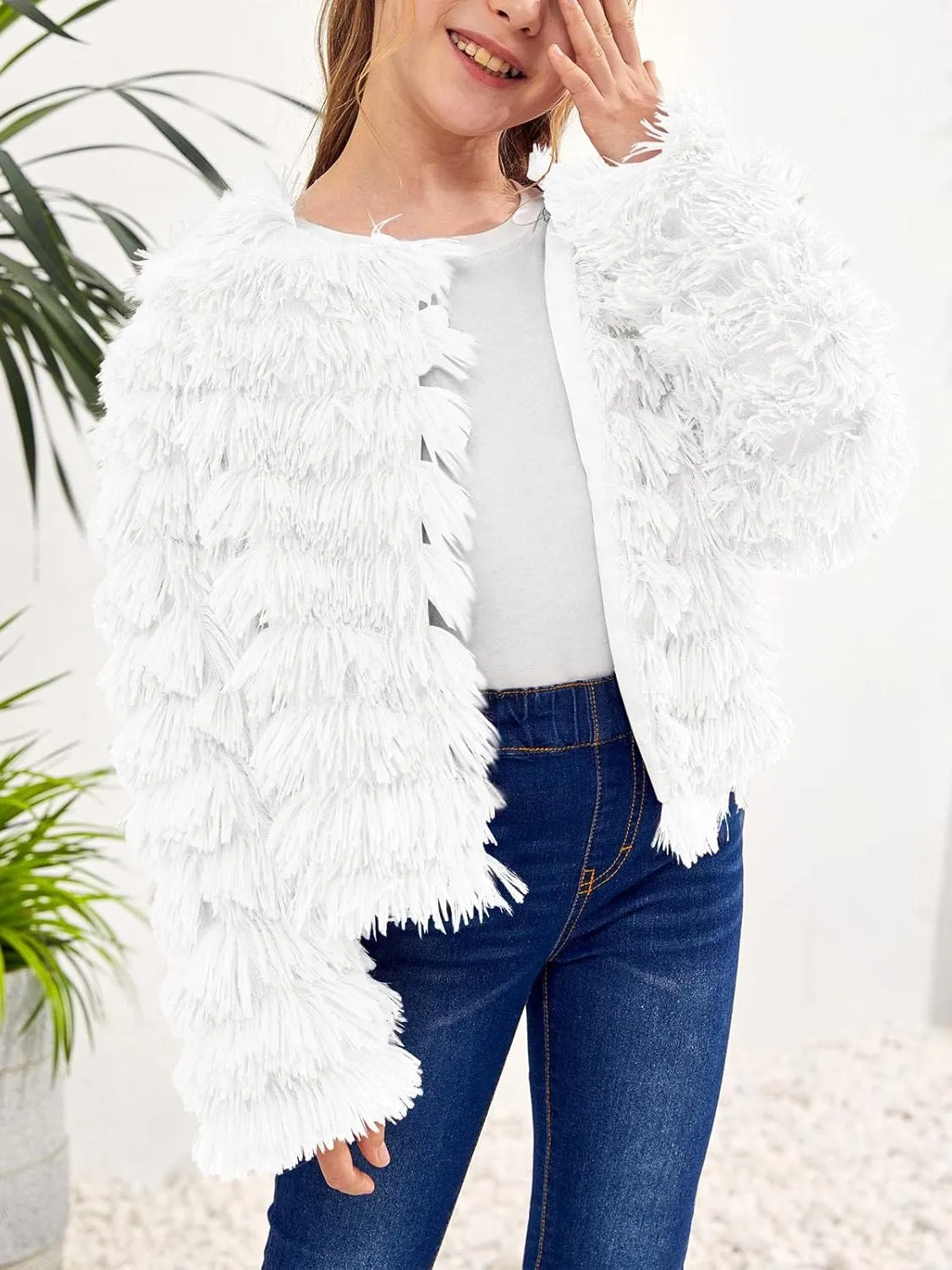 Inorin Girls Open Front Cardigan Faux Fur Coat Warm Fuzzy Trendy Winter Vintage Parka Shaggy Party Outerwear Jackets Tops