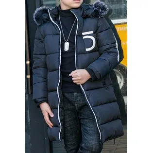 Kids Boys Tremendous Letter Pattern Hooded Neck Thick Long Sleeve Pockets Styled Zipper Closure Warm Padded Jacket - KBJC33811