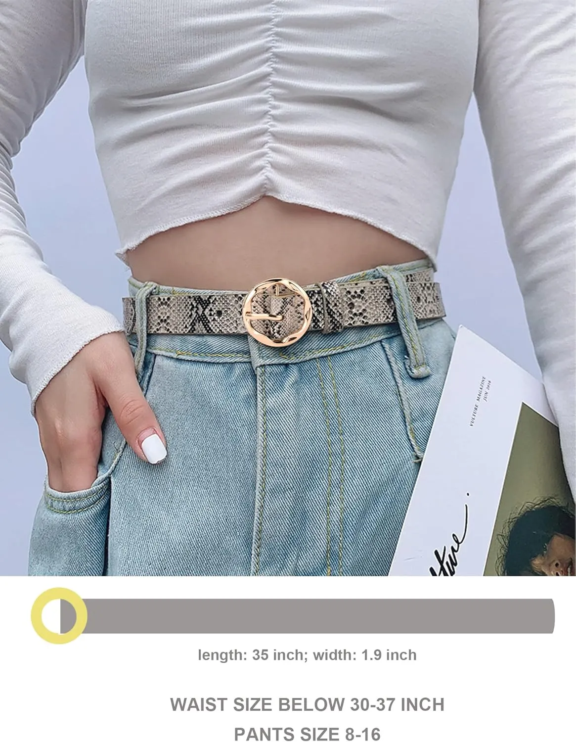 Kiench Women's Leather Belts with Ring Buckle Animal Print Jeans Dress Pants Skinny Belts