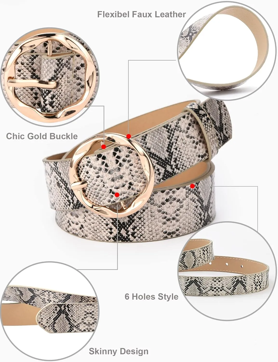 Kiench Women's Leather Belts with Ring Buckle Animal Print Jeans Dress Pants Skinny Belts