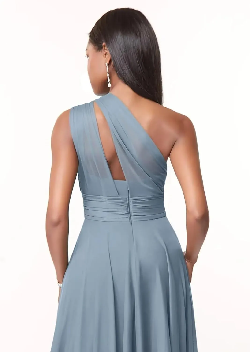 Kyeuan One Shoulder Bridesmaid Dresses with Pockets Chiffon Long Pleated Formal Evening Dresses for Women Elegant